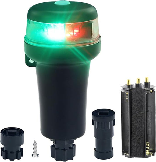 Kayak Battery Portable Navigation LED Lights Multi- Adaptors 3AA Battery Inflatable Boat Surface Mount Adhesive Base (Red+Green With Adapters)