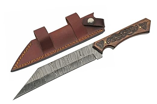SZCO Supplies 12.25??Full Tang Celtic Handle Damascus Steel Reverse Tanto Seax Knife With Leather Sheath, Brown (DM-1300)