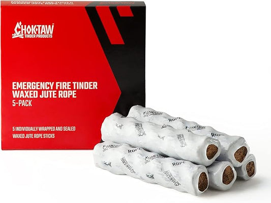 CHOKTAW Waxed Jute Rope Survival Fire Starters x5 - Natural Waterproof Rope Fire Sticks for Fire Starting & Emergency - Firestarters for Backpacking, Hiking, Camping, Hunting, Fishing & Boating Tinder