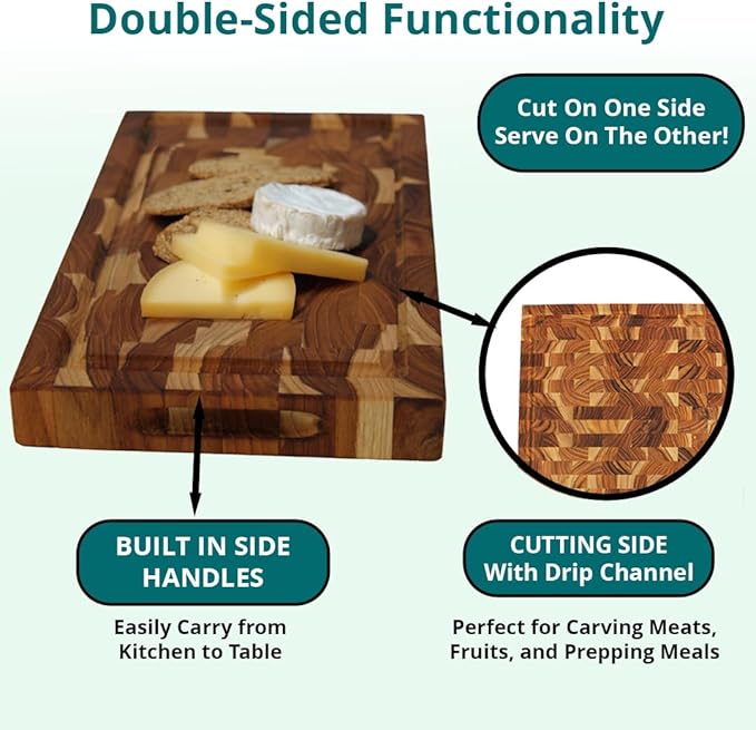 EcoDecors FSC Certified, Solid Teak Cutting Board, 10x6, Compact Reversible End Grain Wood Board for Snacks, Cheese, Garnish & Small Kitchen Prep