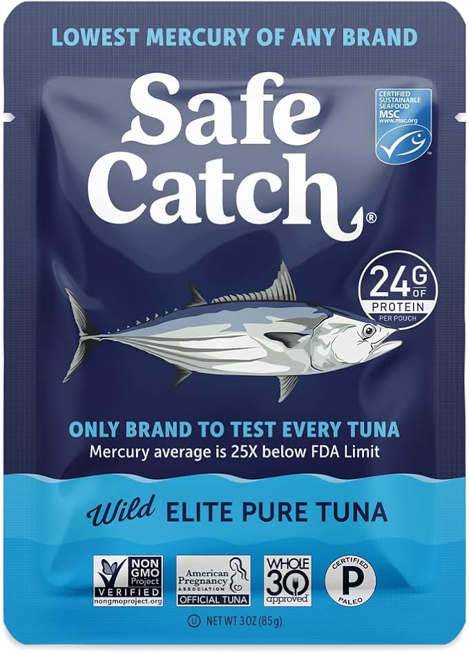 Safe Catch Elite Tuna Wild-Caught Lowest Mercury Tuna Fish Pouch Gluten-Free Keto Food Non-GMO Kosher Paleo-Friendly High Protein Snack, No Water Oil Tuna, Pack of 12 Tuna Pouches 3oz