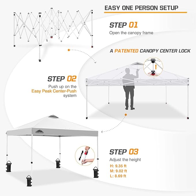 EAGLE PEAK Pop Up Canopy Tent with Wheeled Carry Bag, 8 Stakes, 4 Ropes, 4 Weight Bags, Easy Set Up Tent Canopy, 10x10 ft, 100sqft of Shade, White