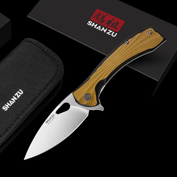 SHAN ZU Pocket Knife 3.2 in, Powder Steel Blade EDC Folding Knife for Men & Women, Utility Survival Knife with G10 Handle & Pocket Clip for Camping Fishing Hiking Hunting - Tan