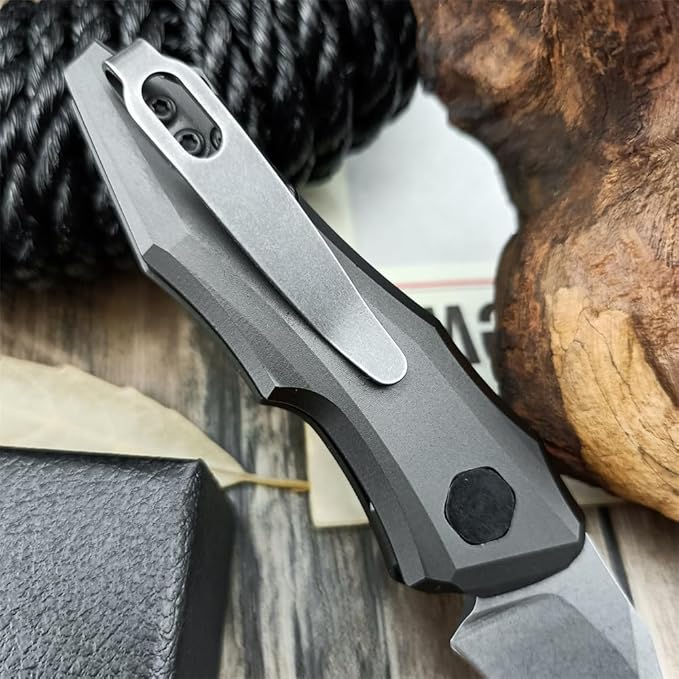 HUAAO Push Button Knife, Spring Assisted Opening, EDC Folding Pocket knives For Men,2.08 inch 8Cr13Mov Hawkbill Blade，gray aluminum handle,With Deep Carry Pocket Clip