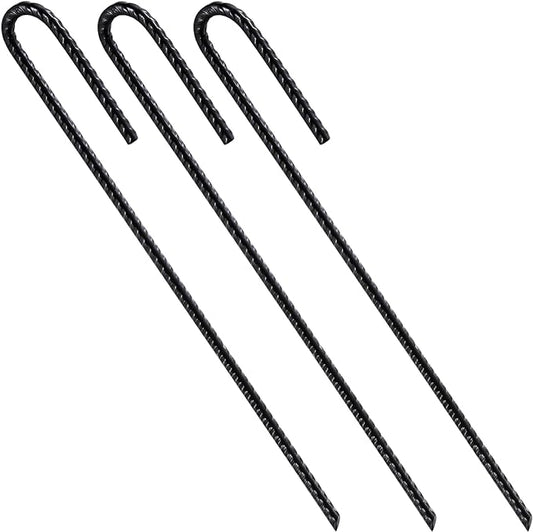 Rebar Stakes U/J Hook Extra Heavy Duty,(10pcs) 12 inch x 1/4 inch Rust Proof Coated Steel Ground Stakes Ground Anchors, Garden Stake Metal Stakes Tent Stakes Trampoline Anchors (J-Hook)