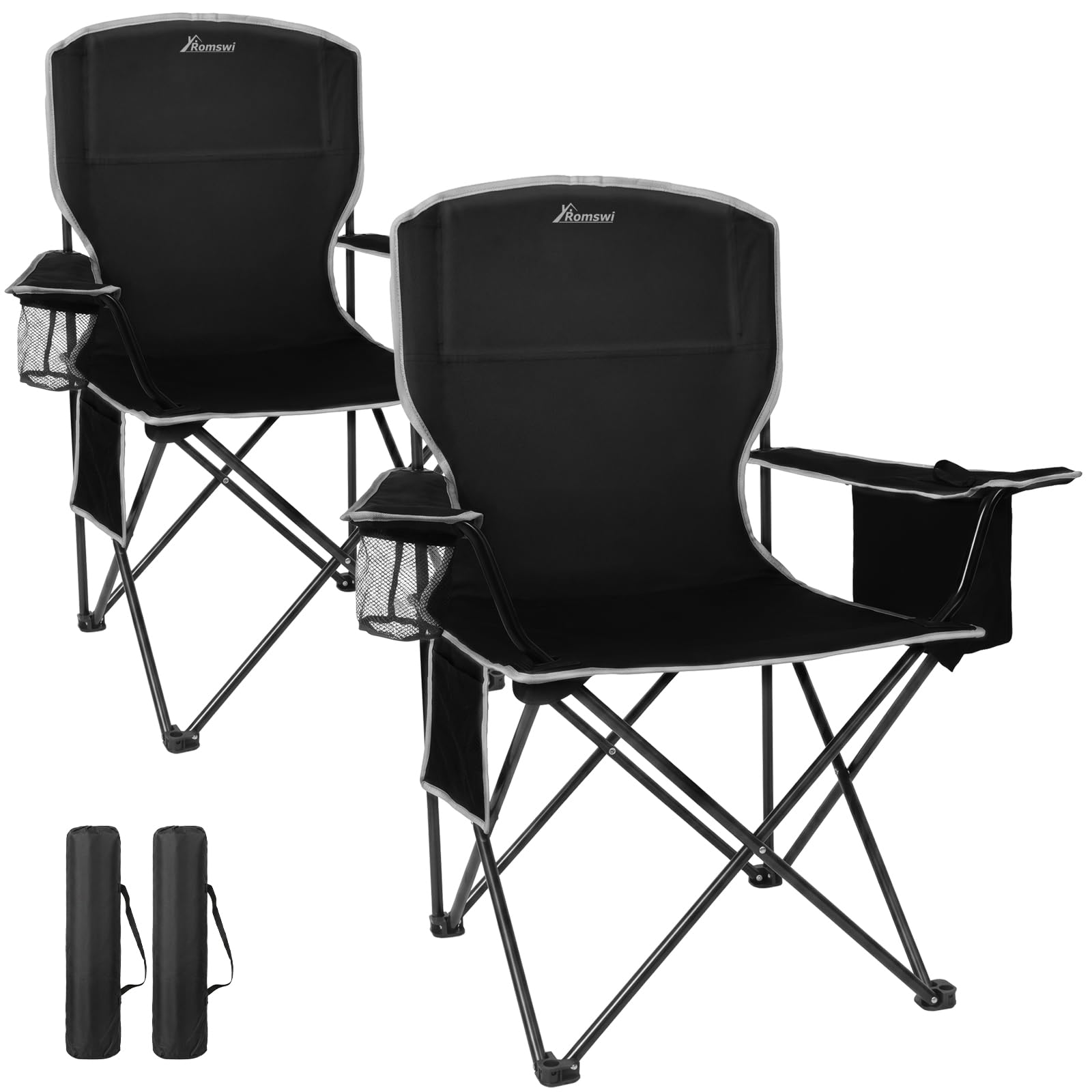 Romswi Lightweight 2Pcs Camping Chairs for Adults, Folding Lawn Chair with 4-Can Cooler Bag, Cup