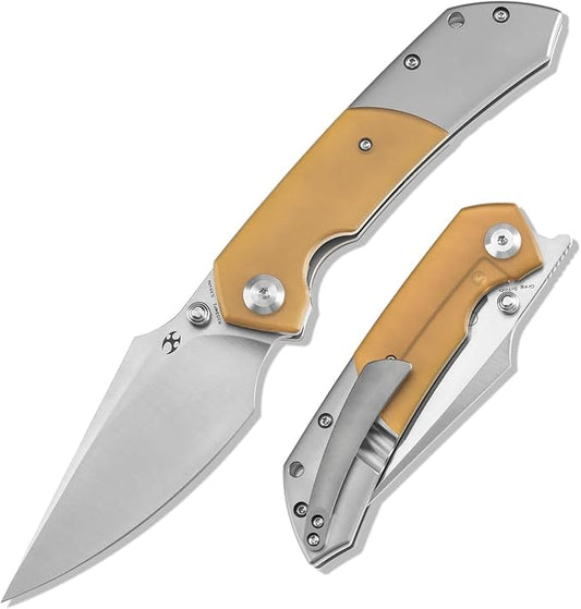 KANSEPT Fenrir Pocket Folding Knives for Men EDC Camping EDC Knives 3.48'' Satin CPM S35VN Material Camping Fishing Knives with Plain Titanium Amber PEI/Ultem Handle Everyday Carry K1034P1
