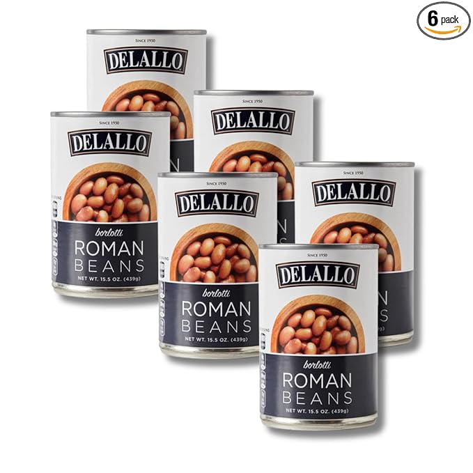 DeLallo Roman Beans, Borlotti Beans for Soups, Salads, and Dips, Non-GMO, Kosher, No Preservatives, Tender Creamy Texture, 15.5 oz Can, (6 Pack)