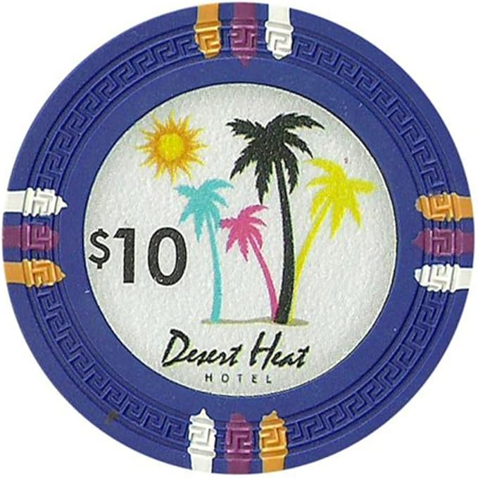 13.5-gram Desert Heat Premium Poker Chips (50-Pack) Heavy Clay Composite Set - Bulk Casino Chips with Denominations for Texas Holdem, Blackjack - Betting Game Accessories ($10 Blue)