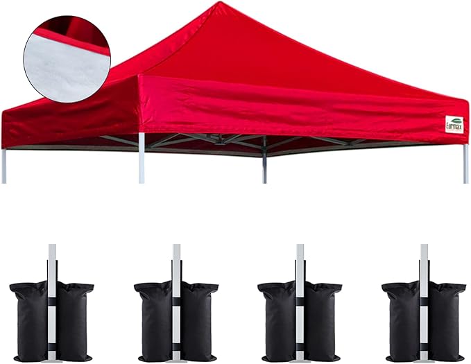 Eurmax USA New 10x10 Pop Up Canopy Replacement Canopy Tent Top Cover, Instant Canopy Top Cover ONLY, Choose 30 Colors,Bonus 4PC Pack Weight Bag (Silver Coating Top,Red)