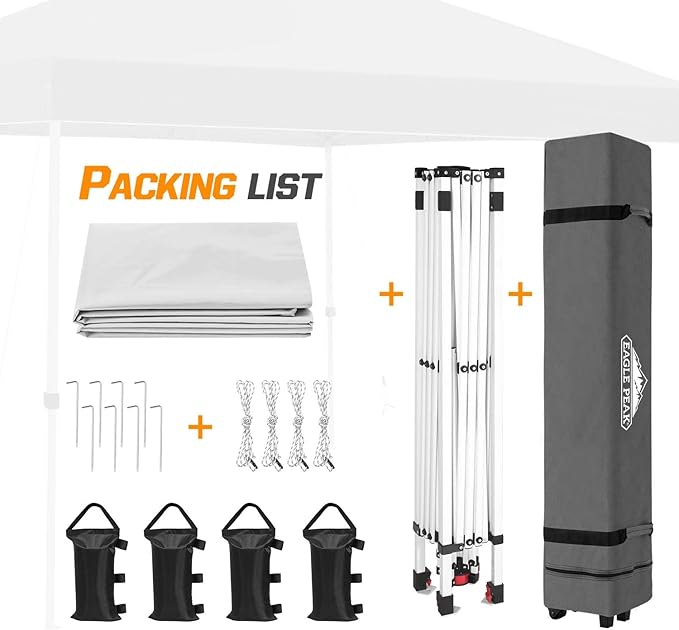 EAGLE PEAK Pop Up Canopy Tent with Wheeled Carry Bag, 8 Stakes, 4 Ropes, 4 Weight Bags, Easy Set Up Tent Canopy, 10x10 ft, 100sqft of Shade, White