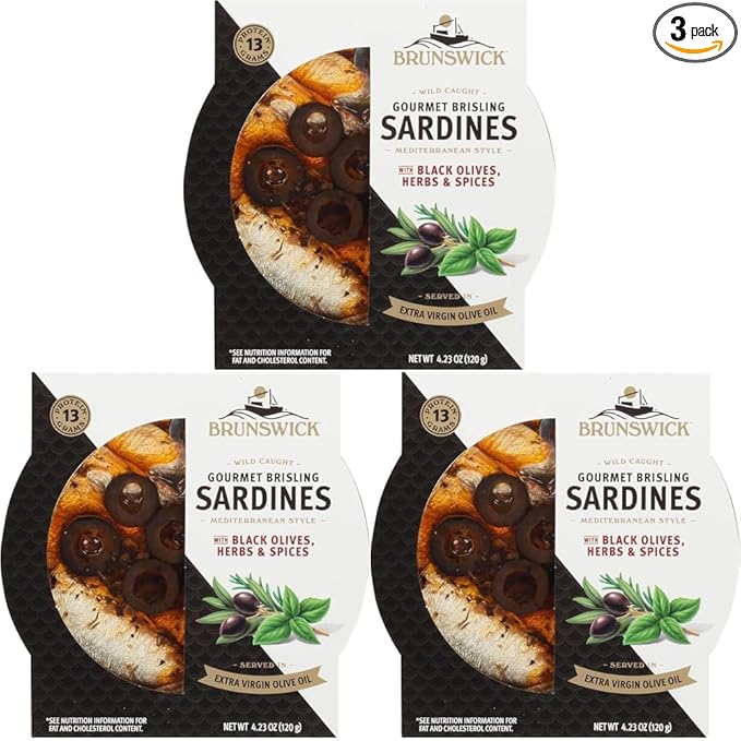 Brunswick Wild Caught Gourmet Brisling Sardines in Extra Virgin Olive Oil, Mediterranean Style with Black Olives, Herbs and Spices, 4.23 oz Can - Wild Caught Sardines - 13g Protein per Serving
