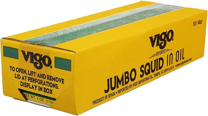 Vigo Premium Imported Canned Seafood, Jumbo Squid in Sunflower & Olive Oil, Specialty Flavored, Perfect for Recipes and Dishes (Jumbo Squid in Sunflower & Olive Oil, 4 Ounce (Pack of 10))