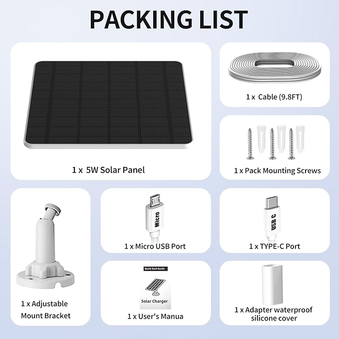 3PC Solar Panel for Security Camera Outdoor, 5W Solar Panel Charger Compatible with Rechargeable Battery Powered Camera, with 9.8ft Cable, Adjustable Wall Mount, IP65 Waterproof (White)