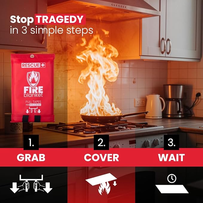 Rescue+ Emergency Fire Blanket for Home, Kitchen, Workplace & Travel, 40??x 40??Fiberglass Flame Retardant Safety Blanket, Fire Suppression for House, Camping, Car Emergencies - Pack of 4