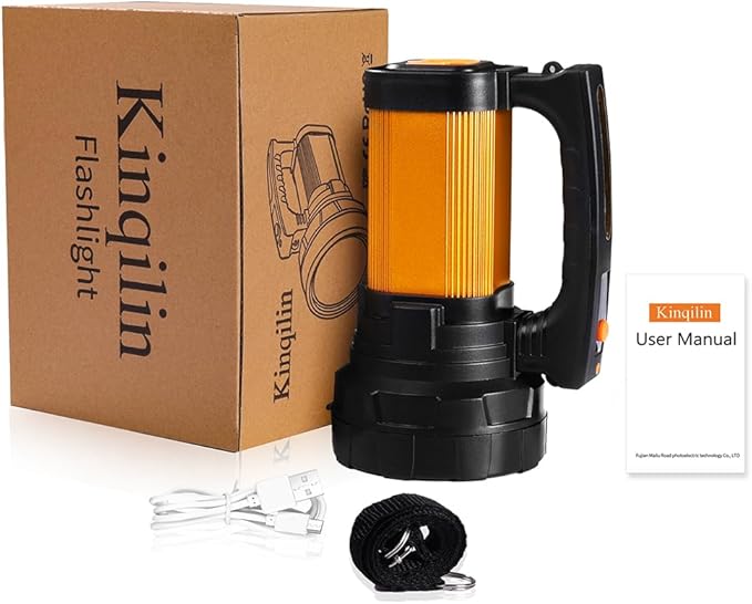 1200LM Rechargeable Spotlight Flashlight, IP67 Waterproof Handheld Flashlight with 3400mAh, 30H Runtime, USB Output, Led Spotlight with Shoulder Strap for Outdoor Camping Hunting Emergency