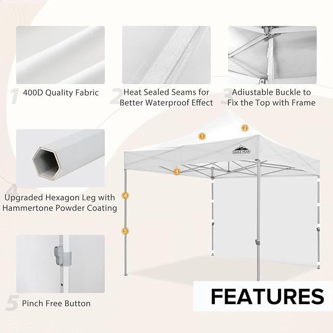EAGLE PEAK 10x10 Heavy Duty Pop up Commercial Canopy Tent with One Removable Sidewall, Instant Sun Shelter with Roller Bag, 4 Sandbags, White