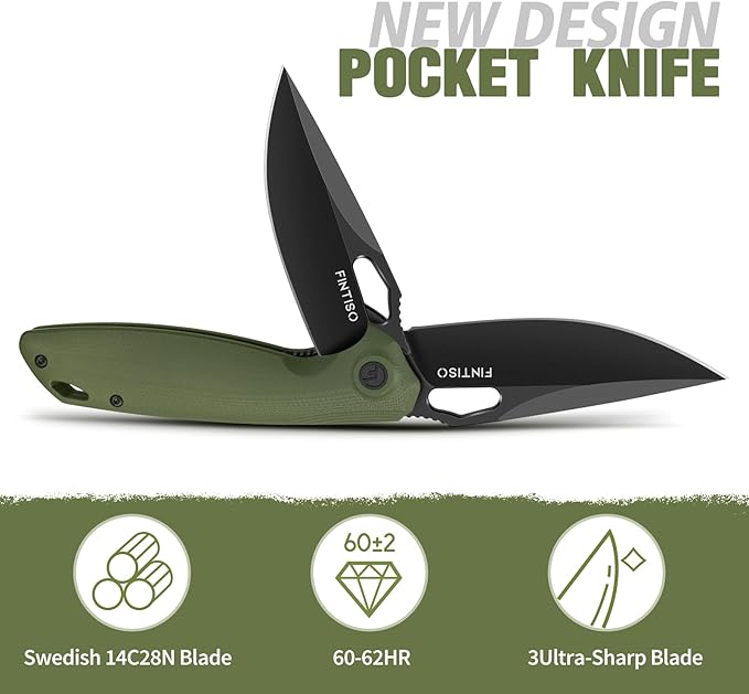 FINTISO Pocket Knife 3.38" Folding Knife Premium 14C28N Blade with G10 Handle, Camping Survival Hiking Knife, Best Gift for Men Women, Atlas Series