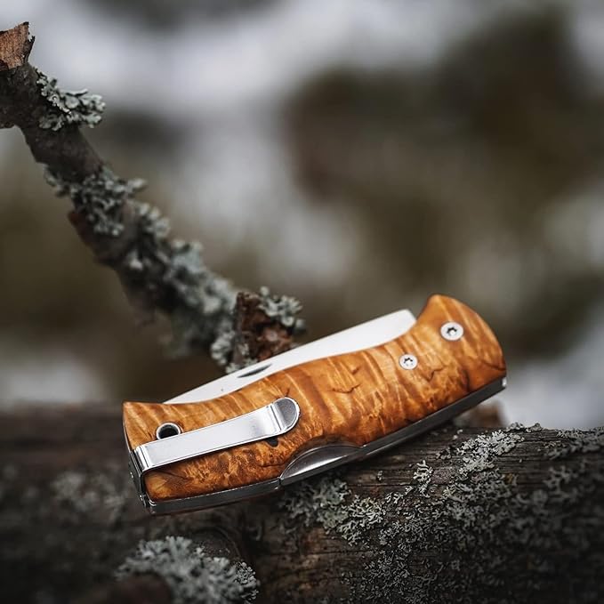 HELLE Knives - Nipa - Mid-Size Folding Knife - 2.72" Stainless Steel Blade with Hand-Sanded Curly Birch Handle - EDC Pocket Knife with Clip - Made in Norway
