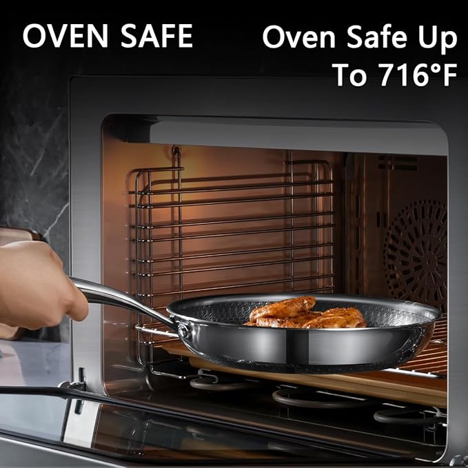 Stainless Steel Skillet, PFOA-Free, Flat Bottom Design, Induction Cooktop Compatible, Works on All Stovetops, Cool-Touch Handle, Easy to Clean, Heat Resistant to 700°F, 10 Inches