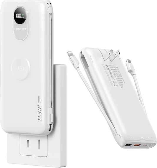 Portable Charger, 10000mAh 22.5W USB C Power Bank Built in Cables, AC Wall Plug and Led Display, External Battery Pack Fast Charging, Travel Essentials for iPhone, Android Cell Phone, Tablet, iWatch