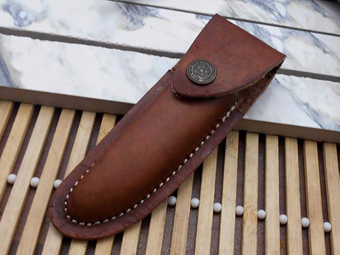 Damascus Depot Laguiole style Folding knife with real Damascus steel blade, 8.5" Long with 4" hand forged twist patren Blade. wood, Camel Bone and Bull horn scale with brass bolster. Cow hide leather sheath included