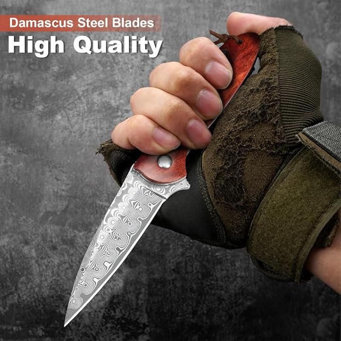 Damascus Pocket Knife with Sheath, 2.87" Damascus Steel Blade Knife with Wood Handle, EDC Folding Knife for Camping Fishing Hiking, Gifts for Men Women