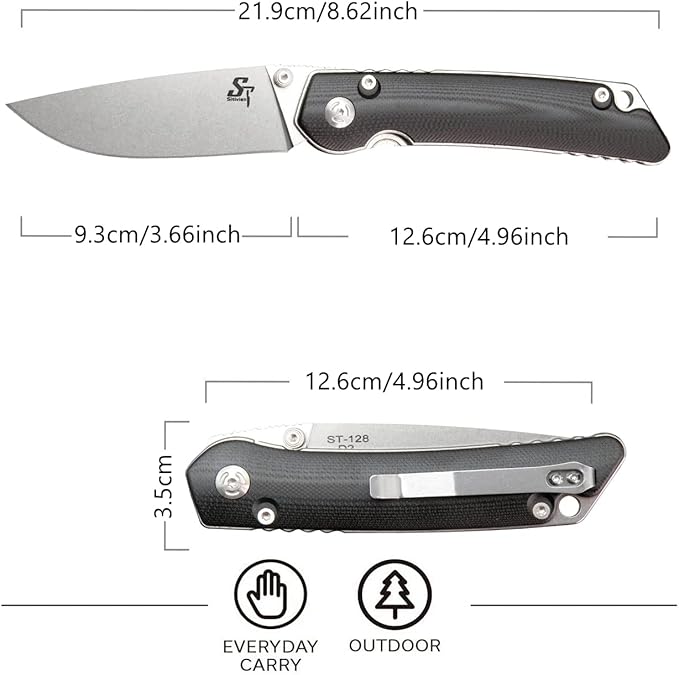 Sitivien ST128 Folding Knife,D2 Blade G10 Handle Safety Liner Lock EDC Tool Knife for Outdoor Hiking Camping-Black