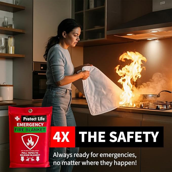 Protect Life Saving Emergency Fire Blankets 2 Pack - 40"x40", Fiberglass Fire Blanket for Home & Kitchen - Fire Suppression or Retardant Tarp - Fire Safety Kit for Car or Camping