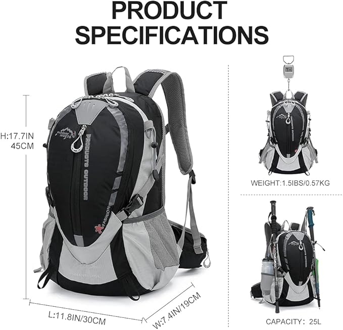 INOXTO Small Hiking Backpack with 2L Water Bladder and Rain Cover, 25L Hydration Backpack Hiking Daypack (Black)