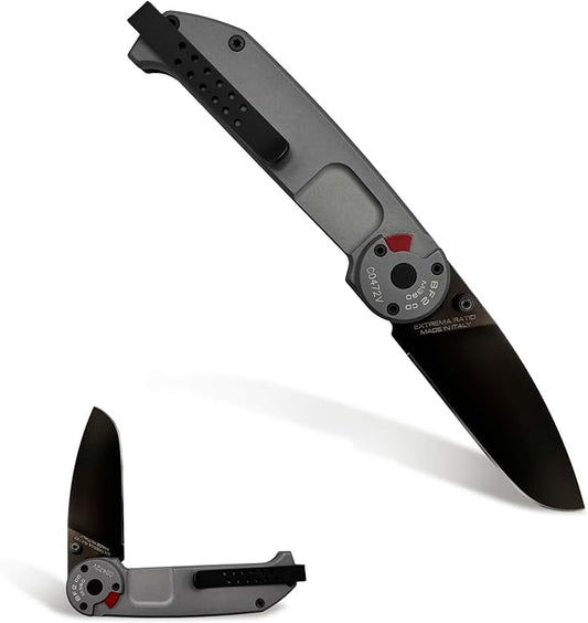 Extrema Ratio - BF2 CD M390 (Grey) Folding Knife, M390 steel blade 60 HRC, grey satin finish, anodized aluminum handle, reversible clip, ergonomic design, Italian craftsmanship, durable folding knife
