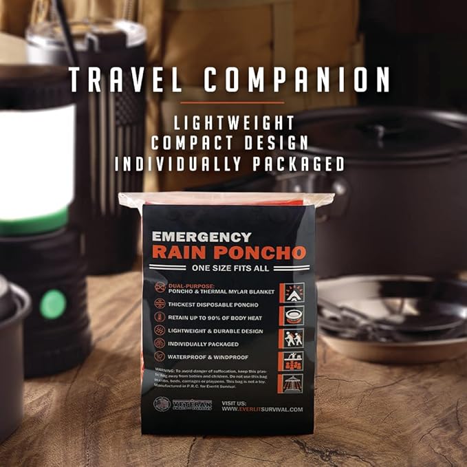 Everlit Survival Rain Poncho Emergency Mylar Space Blanket Camping Gear-Retain 90% of Body Heat Survival Gear for Survival Kits Camping Supplies Emergency Blankets
