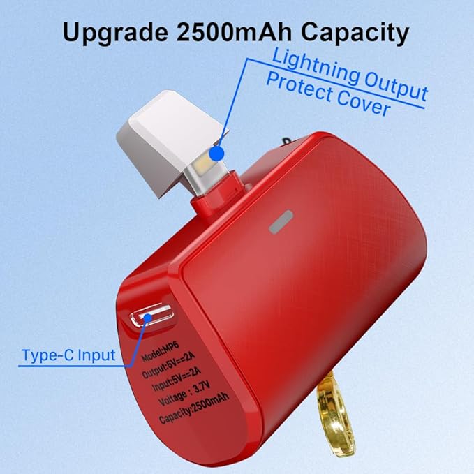 Wavypo Keychain Portable Charger 2500mAh, Cell Phone Portable Power bank Pack Mini Power Emergency Pod Fast Charging Compatible for iPhone 14/14 Pro Max/13/13 Pro Max/12/12 Pro Max/11/XR/X/8/7/6 (Red)