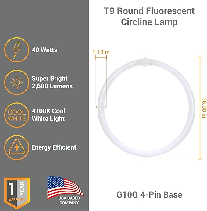 Diodesy- 16 Inch T9 Round Circline Fluorescent Light Bulb 40W 2600 Lumens 4100K Cool White G10Q 4-Pin Base Rohs Compliant Pack of 2- Replacement Fluorescent Circular Tube Lamp for Ceiling Lights