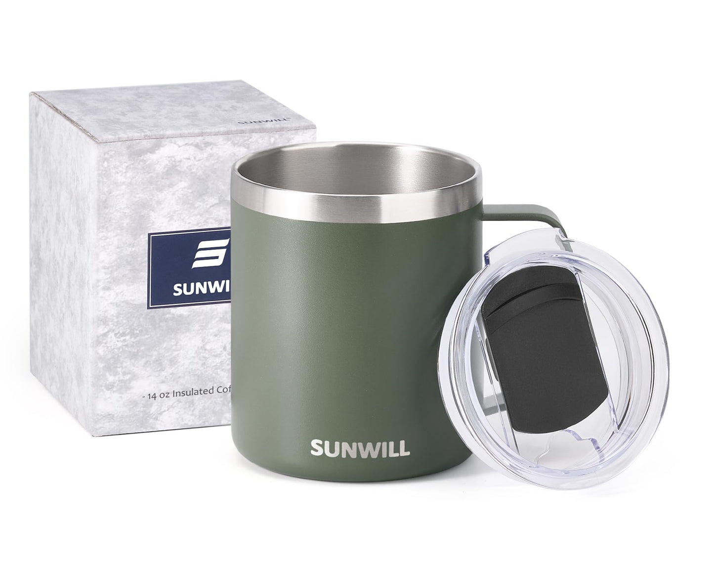 SUNWILL Travel Coffee Mug with Lid, Insulated Tumbler with Handle, 14 oz Stainless Steel Cup for
