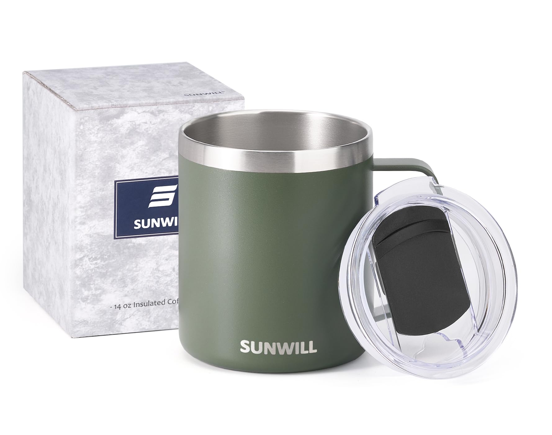 SUNWILL Travel Coffee Mug with Lid, Insulated Tumbler with Handle, 14 oz Stainless Steel Cup for