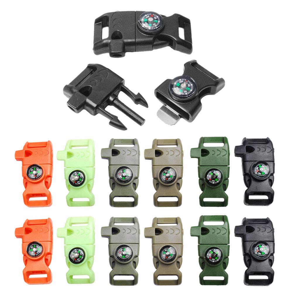 12pcs Pack Mix Colors 5/8" Compass Flint Scraper Fire Starter Whistle Buckle Plastic Paracord
