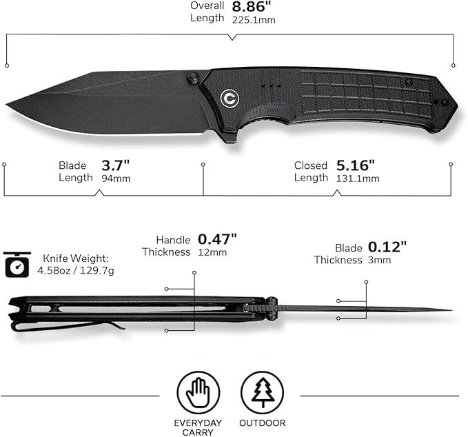 CIVIVI Tacticorix Pocket Knife for Men Women, EDC Flipper Folding Knife with 3.7" Nitro-V Blade G10 Handle for Camping Hunting C23055-1 (Black)