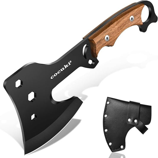 Outdoor Hatchet, Full Tang, Walnut Wood Handle Axe, for Outdoor Using Camping Survival Hiking, Leather Sheath Included
