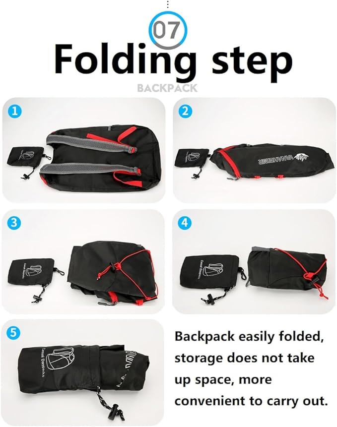 16L Lightweight Foldable Hiking-Backpack Small Packable-Daypack For Travel,Ultralight Water-Resistant Gym Bag Men Women Easy Carry-on (Black+Red)