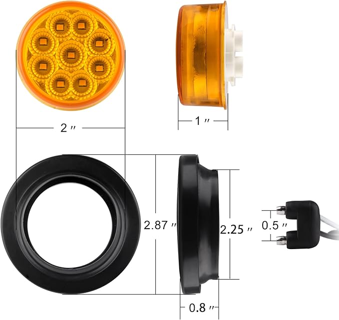 10Pcs 2 Inch Round LED Marker Lights Amber 9 LEDs w/Reflectors, 2 Inch Round Led Side Marker Clearance Lights Sealed 2 Round Truck Trailer Marker Lights w/Rubber Grommets and 2 Prong Wire Pigtails