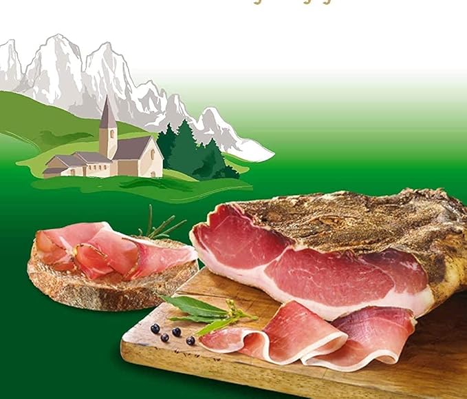 Speck, 6 lbs +/- (4lbs - 6lbs/piece) ,Seasoned and Smoked Italian Ham, Cured in the European Alps Mountains, Alto Adige IGP, Boneless and Ready to Slice, Best sliced paper thin with slicer, (Not Prosciutto), Weight approx. 6 lbs, by Moser Tirolinger brand