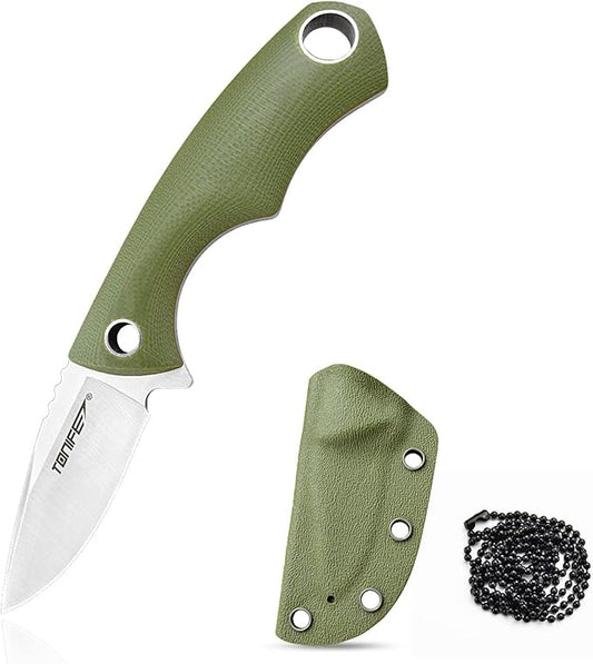TONIFE Neck Knife Mini Outdoor Survival Fixed Blade Knife, EDC High Hardness Sharp Blade 1.7'' Portable Neck with Kydex Sheath and Ball Chain (army green)