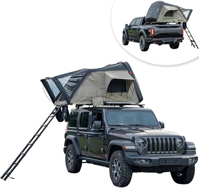 Travel Cat Hard Shell Rooftop Tent Hardshell Roof Top Tent Car Camping for Pickup Wagon Van SUV All Seasons with Telescopic Ladder (Black & Khaki)
