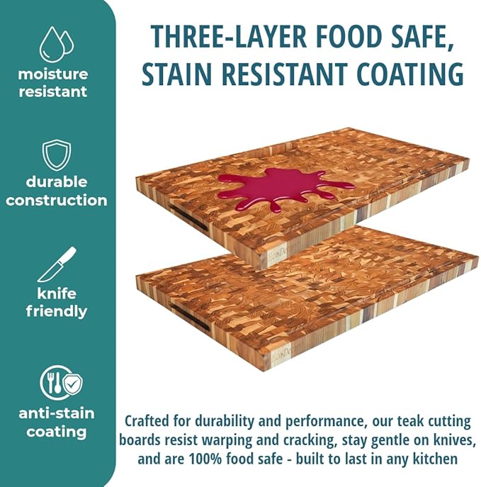 EcoDecors Extra Large Solid Teak Butcher Block 34"x20", End Grain Cutting Board with Juice Groove, Waste Slot, Handles, FSC Certified Carving Board for Stove-Top Prep