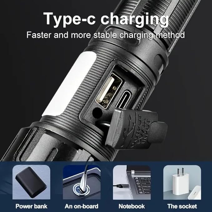 LED Tactical Flashlight, Dual Mode Zoom in/Out, USB-C Rechargeable, 6.9 inch Length