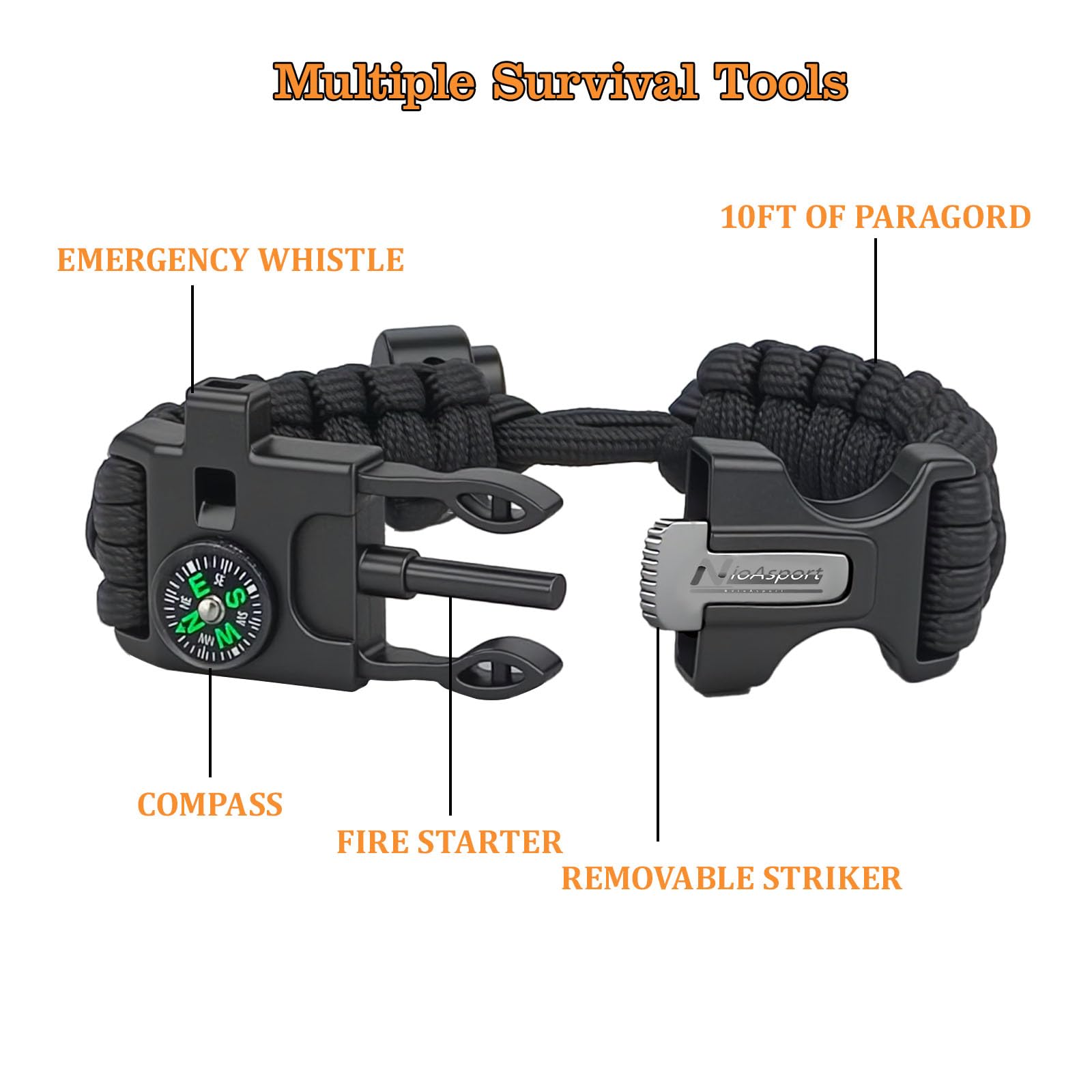 NVioAsport Paracord Survival Bracelet (3 Pack) - Adjustable with Fire Starter, Whistle, Compass