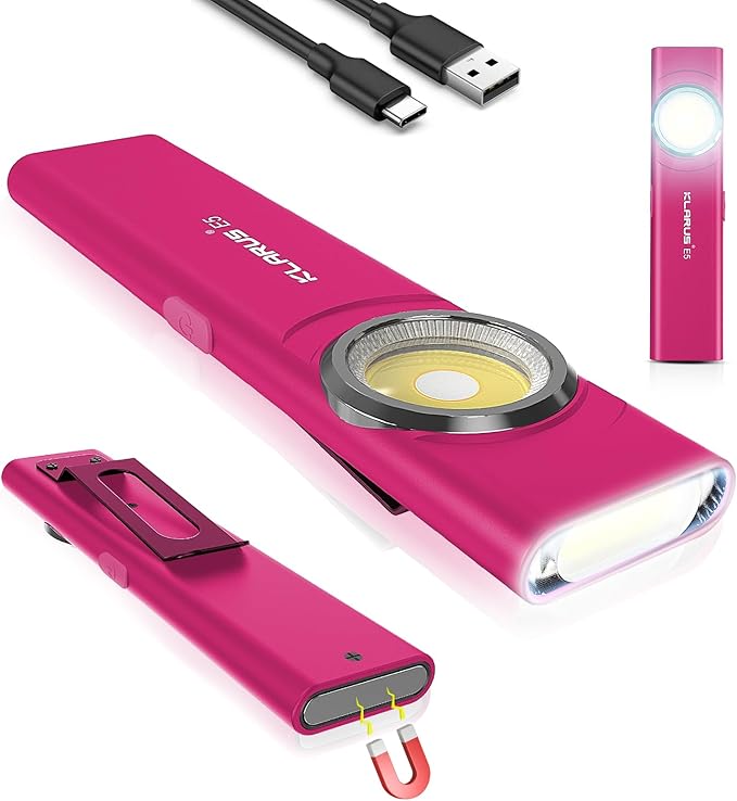 klarus E5 Pocket Flashlight, Rechargeable EDC Flashlight, Super Slim 4.2x1x0.3inch, 600 Lumens, USB-C Port, IPX4, Dual Light Source with Magnetic Base, Hat & Clothes Clip - Red