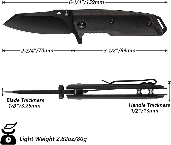 FLISSA Small Pocket Knife, 2-3/4" D2 Steel Blade, EDC Folding Knives, Ebony Wood Handle with Clip, Mini Knife with Liner Lock for Everyday Carry Camping Survival Hiking, Great Gifts for Dad