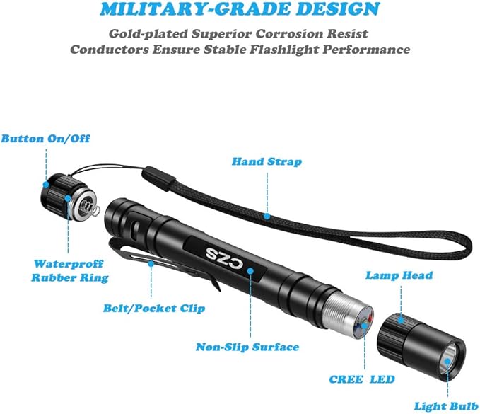 CZS LED Flashlight Penlight 1000 Lumens Battery-Powered Handheld Pen Light Pocket Torch Powered by 2AAA Battery, 5 PCS (Battery Not Included)